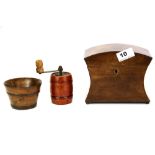 A small Regency mahogany tea caddy, H. 13cm together with a treen, salt bowl and pepper grinder.