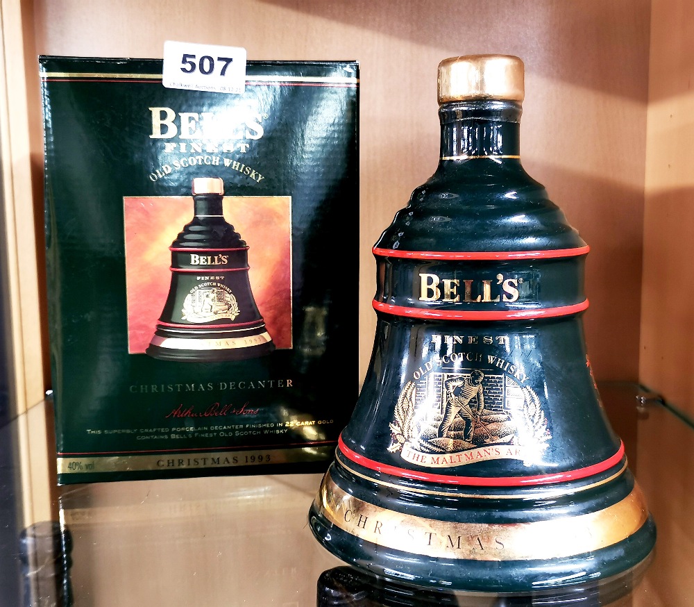A boxed unopened Bell's 1993 Christmas decanter.