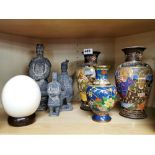 A pair of Japanese satsuma vases with a Chinese cloisonne vase, three terracotta figures and an