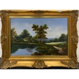 A large gilt framed oil on board behind glass of a country scene, frame size 92 x 69cm.