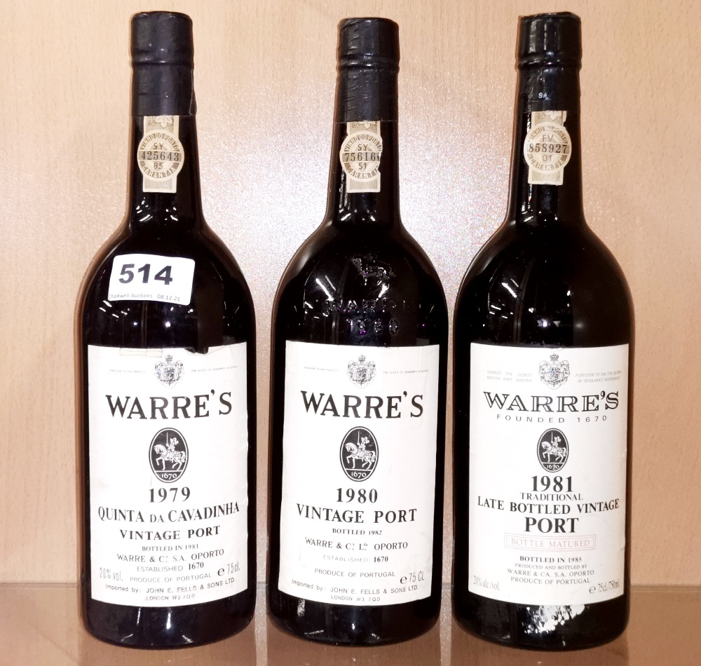 Three bottles of Warre's vintage port, 1979, 1980 and 1981.