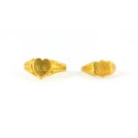 Two yellow metal (tested high carat gold) signet rings. Approx. 7.3gr.