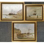 A group of three interesting framed oils on board of maritime scenes, largest frame size 49 x 39cm.