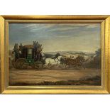 An 18th century, later gilt framed, oil on wooden panel of a mail coach and horses, frame size 42