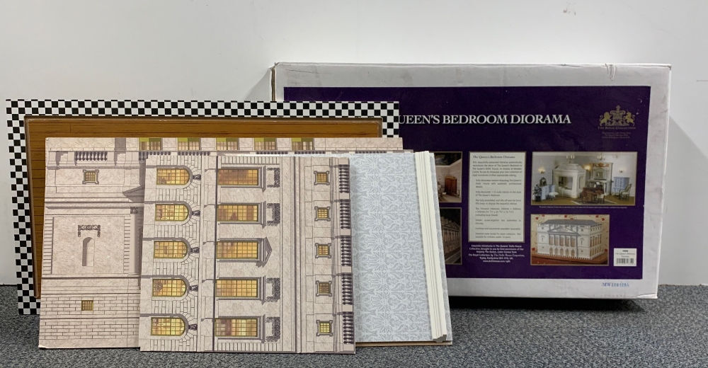 A boxed "The Queens bedroom diorama", part of The Queens Dolls House collection.