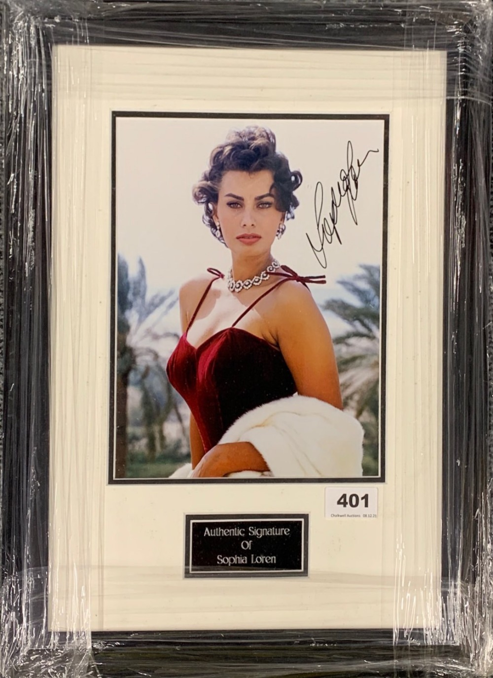 Autograph interest: Framed autograph of Sophia Loren (Italian, September 1934- present).