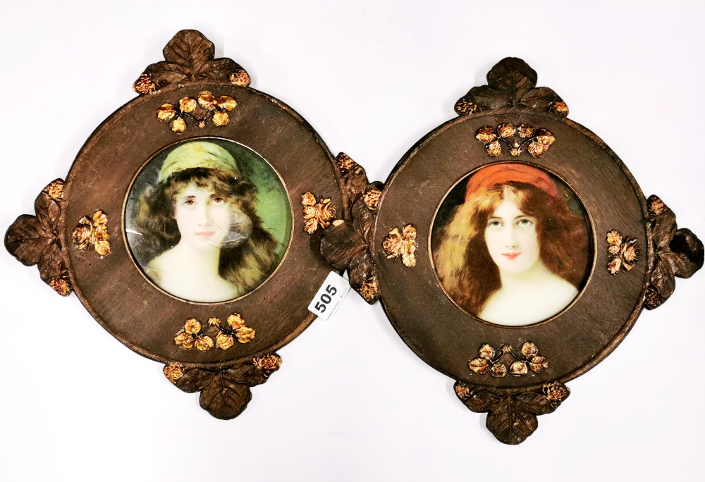 A pair of pressed wooden framed Art Nouveau prints of girls, W. 33cm.