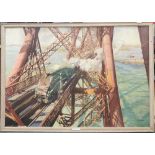 A large framed original Cuneo print of the Forth bridge with railway locomotive, frame size 128 x