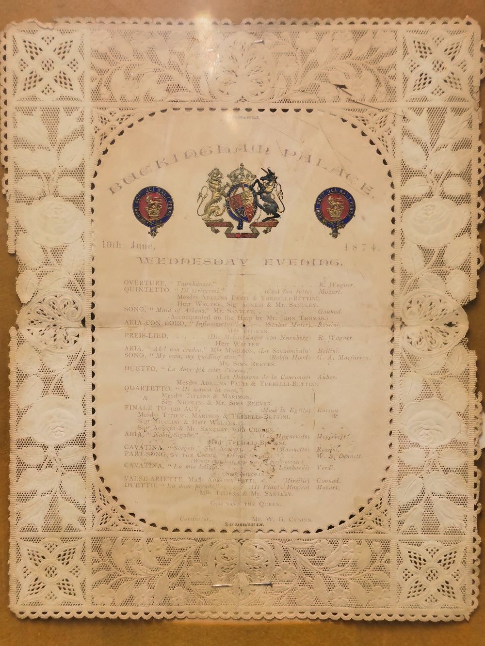 An interesting framed 1874 Buckingham Palace private concert programme, frame size 27 x 40cm. - Bild 2 aus 2