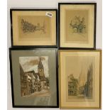 A group of three early pencil signed engravings and a watercolour, largest frame size 28 x 36cm.
