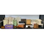 A large quantity of dolls house living room wooden furniture items.