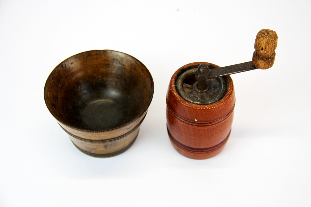 A small Regency mahogany tea caddy, H. 13cm together with a treen, salt bowl and pepper grinder. - Image 3 of 3