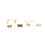 An assortment of 6 pairs of 9ct yellow gold earrings including sapphire and pearl set stud earrings.