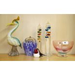 A Murano glass bird, together with a Caithness bowl and other items.