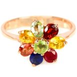 A 925 silver rose gold gilt cluster ring set with fancy colour sapphires, (I.5).