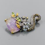 A 925 silver squirrel shaped brooch set with a carved ametrine, peridot, blue topaz and other