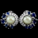 A pair of 925 silver earrings set with sapphires, grey pearl and white stones, L. 1.3cm.