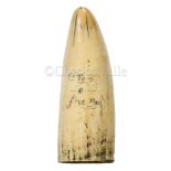 Ø A SCRIMSHAW DECORATED WHALE'S TOOTH THOUGHT TO HAVE BEEN PRESENTED TO A FREED SLAVE, CIRCA 1850