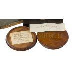 AN EARLY 19TH CENTURY CIRCULAR TREEN SNUFF BOX MADE OF TIMBER TAKEN FROM ROYAL SOVEREIGN