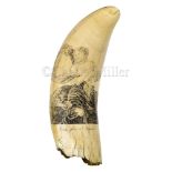 Ø A 19TH CENTURY SAILORWORK SCRIMSHAW DECORATED WHALE'S TOOTH