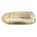 Ø A 19TH CENTURY SAILORWORK SCRIMSHAW DECORATED WHALE'S TOOTH