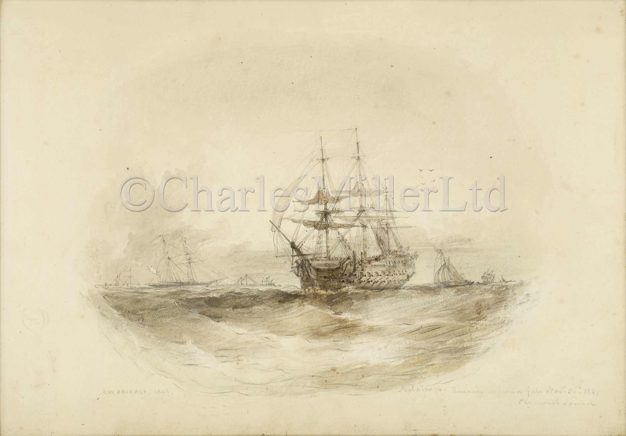 OSWALD WALTER BRIERLY (BRITISH, 1817-1894) : H.M.S. ‘Malabar’ (74) running up from a gale, November - Image 2 of 14