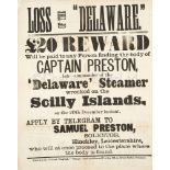 A COLLECTION OF EPHEMERA PERTAINING TO THE LOSS OF THE S.S. DELAWARE OFF THE SCILLY ISLES, 1871