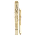 Ø A RARE SCRIMSHAW DECORATED WHALEBONE NET REPAIRER, CIRCA 1850