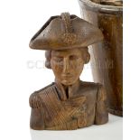 AN EARLY 19TH CENTURY, ENGLISH SAILORWORK, CARVED OAK BUST OF ADMIRAL LORD NELSON