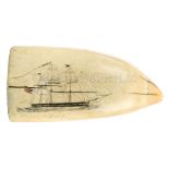 Ø A 19TH CENTURY SAILORWORK SCRIMSHAW DECORATED WHALE'S TOOTH