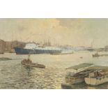 δ WILLIAM ERIC THORP (BRITISH, 1901-1993) : Royal Yacht ‘Britannia’ anchored off Waterloo Bridge,