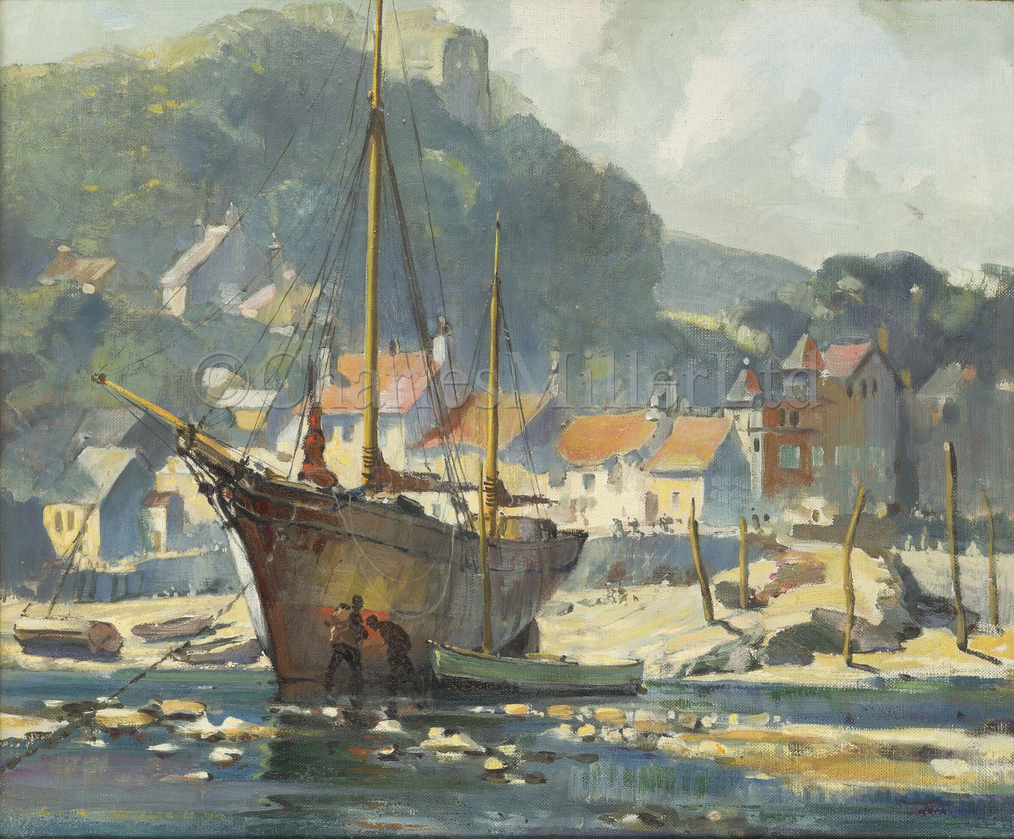 δ LESLEY ARTHUR WILCOX (BRITISH, 1904-1982) : Safe harbour; Anti-fowling on a Cornish beach