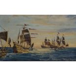 δ ROWLAND LANGMAID (BRITISH, 1897-1956): British caravels in the sunset, circa 1588