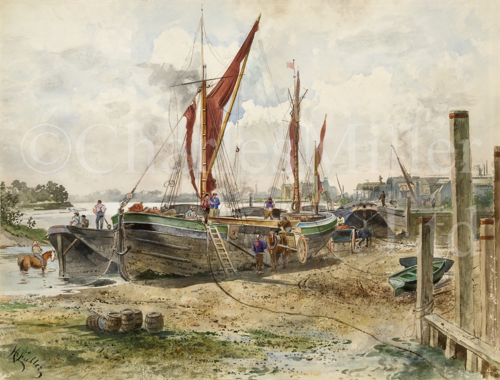 H. FULLER (ENGLISH, EARLY 20TH CENTURY) : Beached sailing barges at low tide on the upper Thames