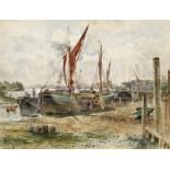 H. FULLER (ENGLISH, EARLY 20TH CENTURY) : Beached sailing barges at low tide on the upper Thames
