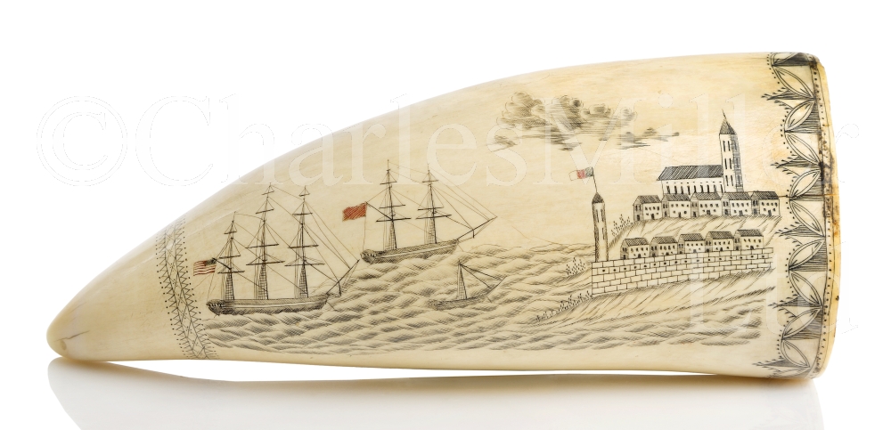 Ø AN EXCEPTIONALLY FINE SCRIMSHAW DECORATED WHALE’S TOOTH BY THE BANKNOTE ENGRAVER, CIRCA 1835 - Image 2 of 2