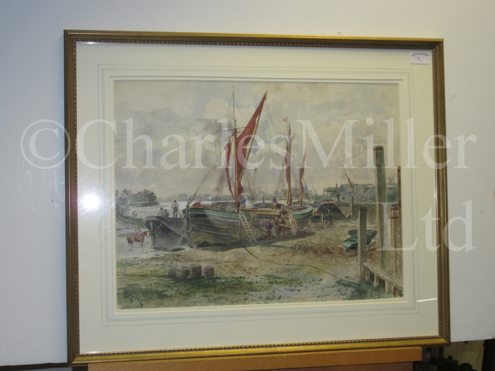 H. FULLER (ENGLISH, EARLY 20TH CENTURY) : Beached sailing barges at low tide on the upper Thames - Image 6 of 7