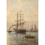 ATTRIBUTED TO GEORGE STANFIELD WALTERS (BRITISH, 1838-1924) : A square rigger being tugged up the