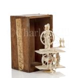 AN EARLY 19TH CENTURY NAPOLEONIC FRENCH PRISONER OF WAR BONE SPINNING JENNY AND WOODEN BOX