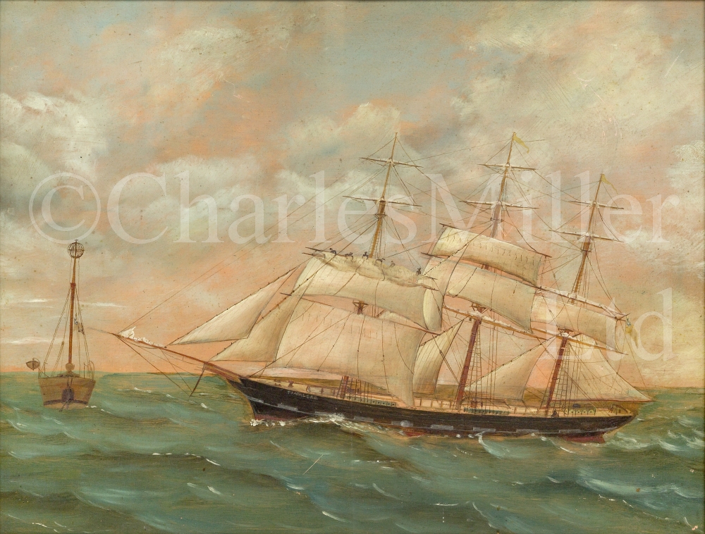 ENGLISH PRIMITIVE SCHOOL, LATE 19TH CENTURY : The barque 'Trafalgar' passing a light ship