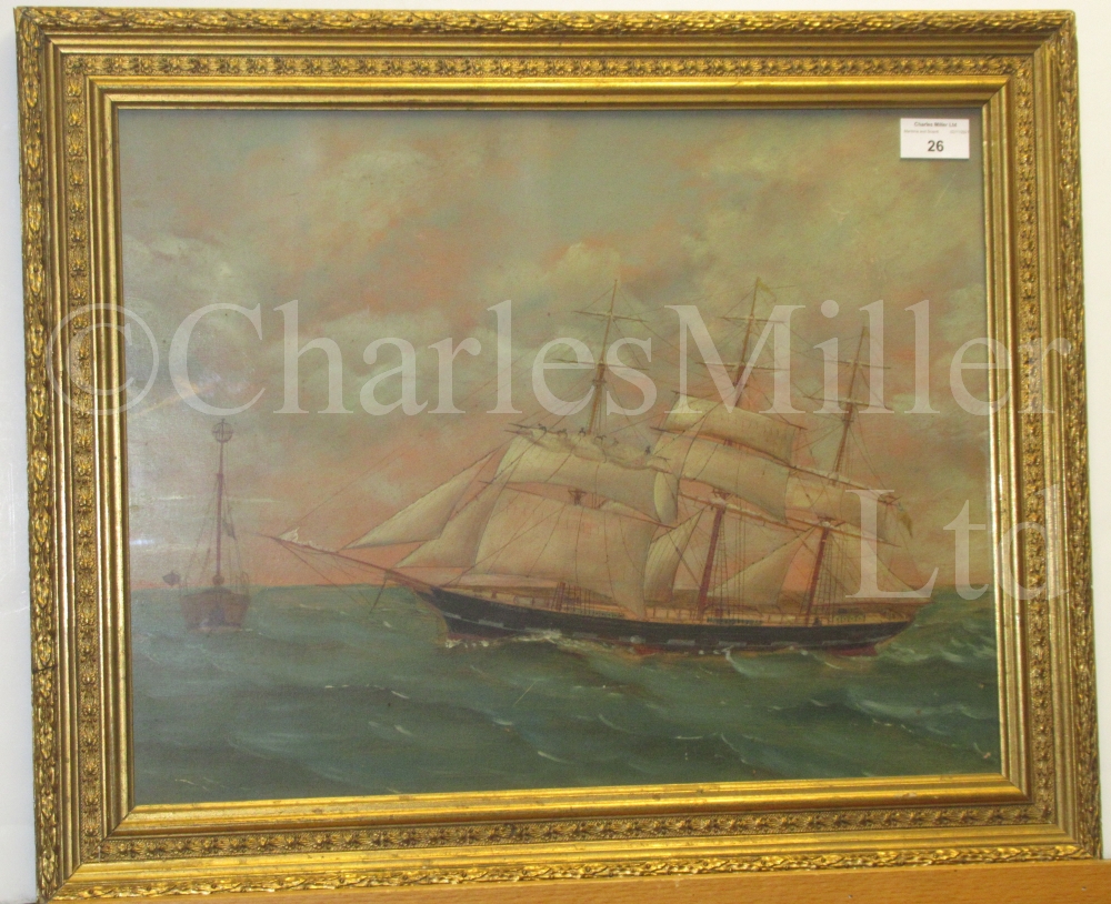 ENGLISH PRIMITIVE SCHOOL, LATE 19TH CENTURY : The barque 'Trafalgar' passing a light ship - Image 2 of 4