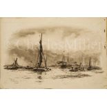 WILLIAM LIONEL WYLLIE (BRITISH, 1851-1931) : Showery Day, Greenwich Reach; Square-rigged ships