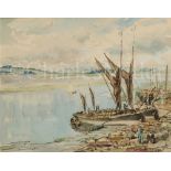 δ JAMES MCBEY (BRITISH, 1883-1959) : Thames barges at Mistley, Essex