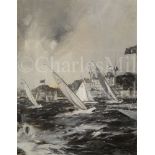 δ FRANK HENRY MASON (BRITISH, 1876-1965) : Six-metre yachts racing off the castle at Cowes