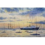 δ COLIN M. BAXTER (BRITISH, B. 1963) : Sunset at Cowes H.M.Y. ‘Britannia’; Schooner entering