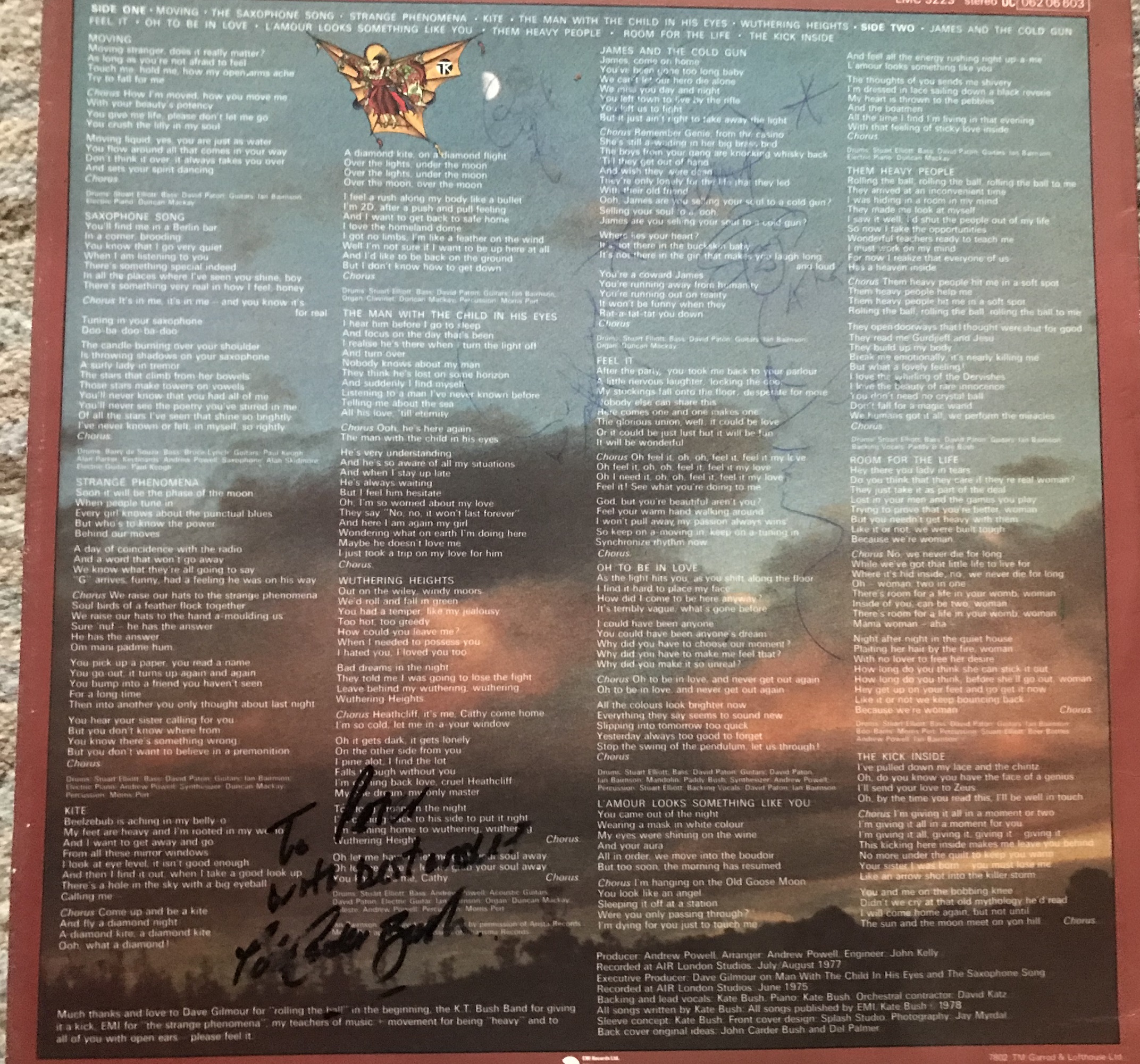 Kate Bush signed 33 rpm record sleeve for The Kick Inside with hand written rare lyrics - Image 4 of 6