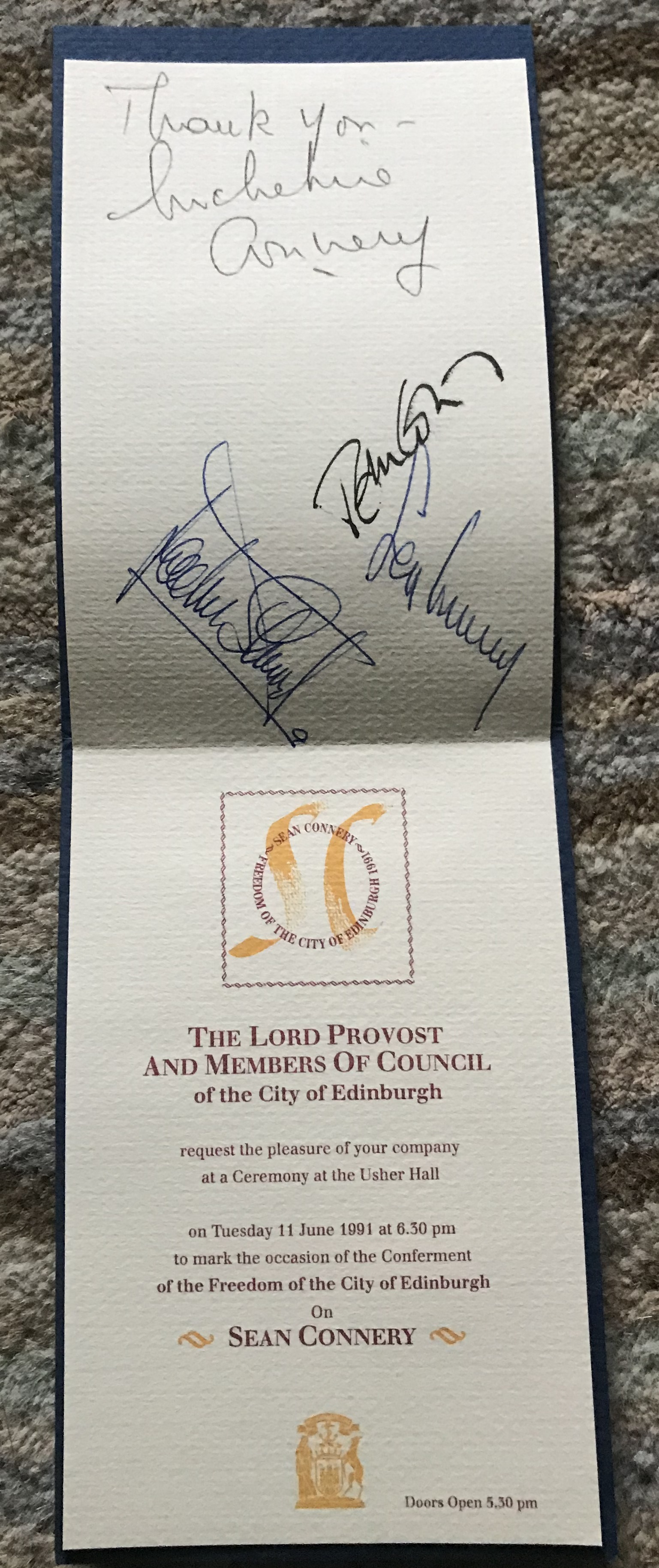 Sean Connery signed 1991 Freedom of the City of Edinburgh booklet. Also signed by Jackie Stewart.