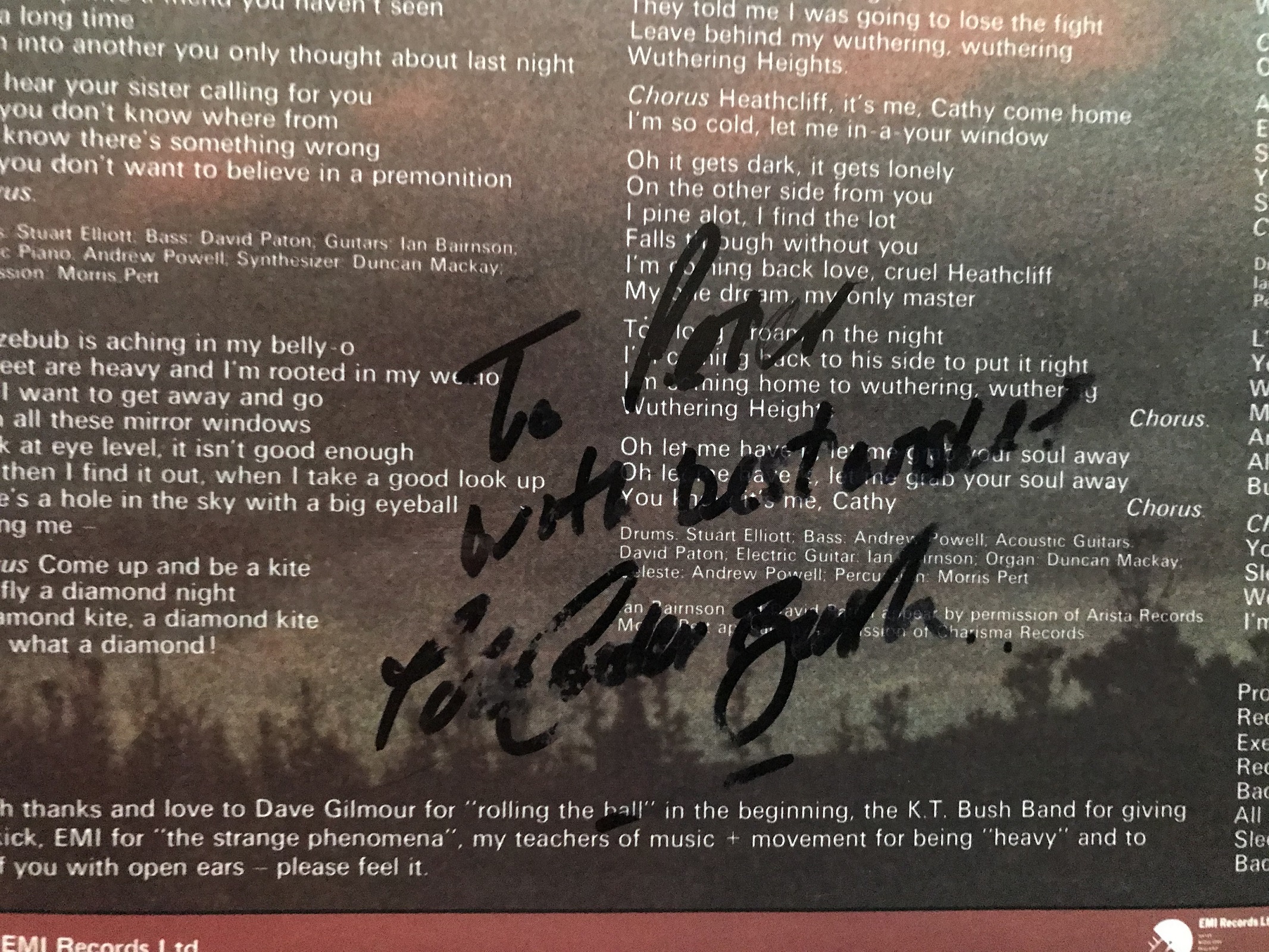 Kate Bush signed 33 rpm record sleeve for The Kick Inside with hand written rare lyrics - Image 6 of 6