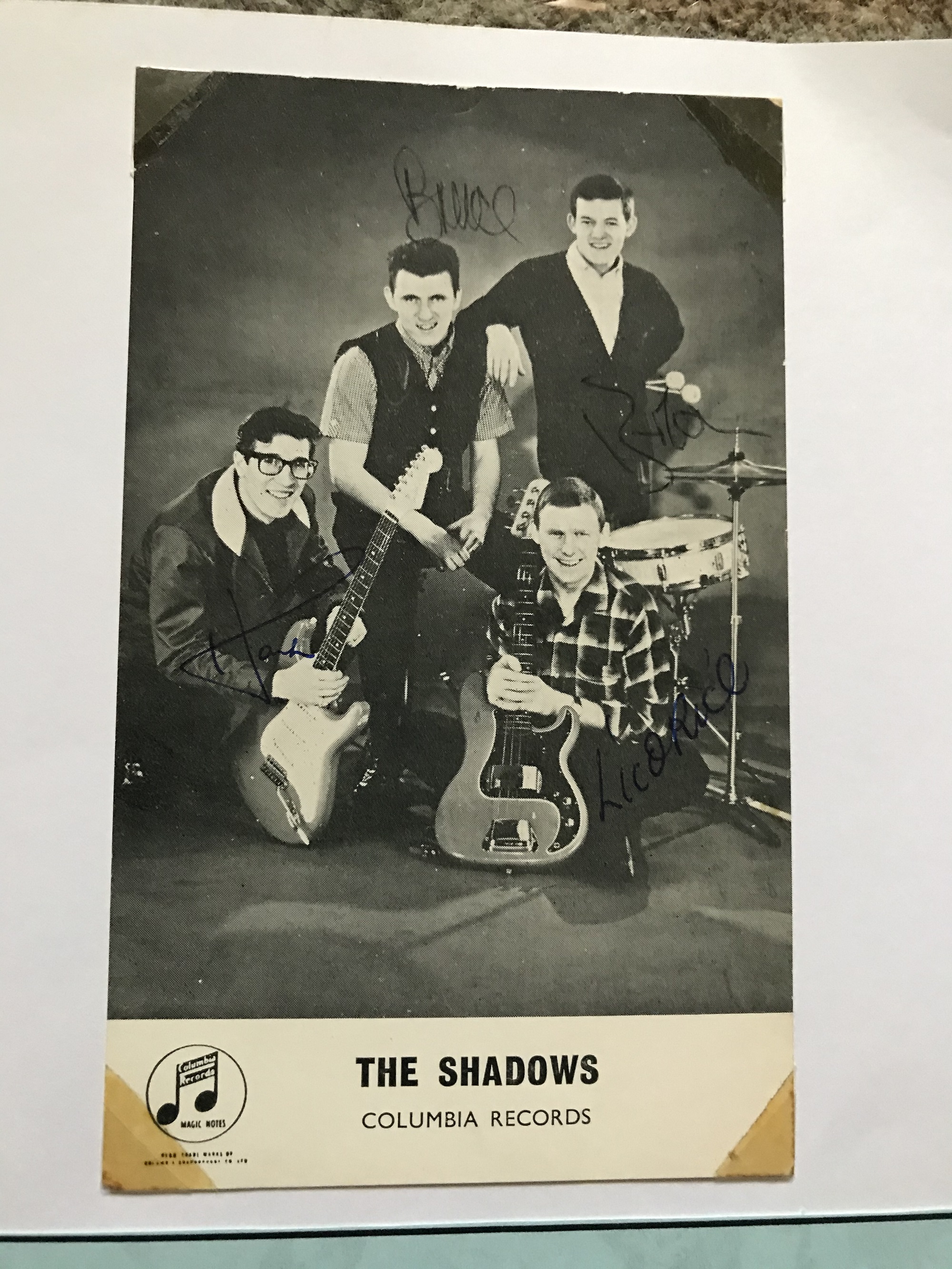 Music The Shadows band signed 6 x 4 inch Columbia records photo fixed to A4 page