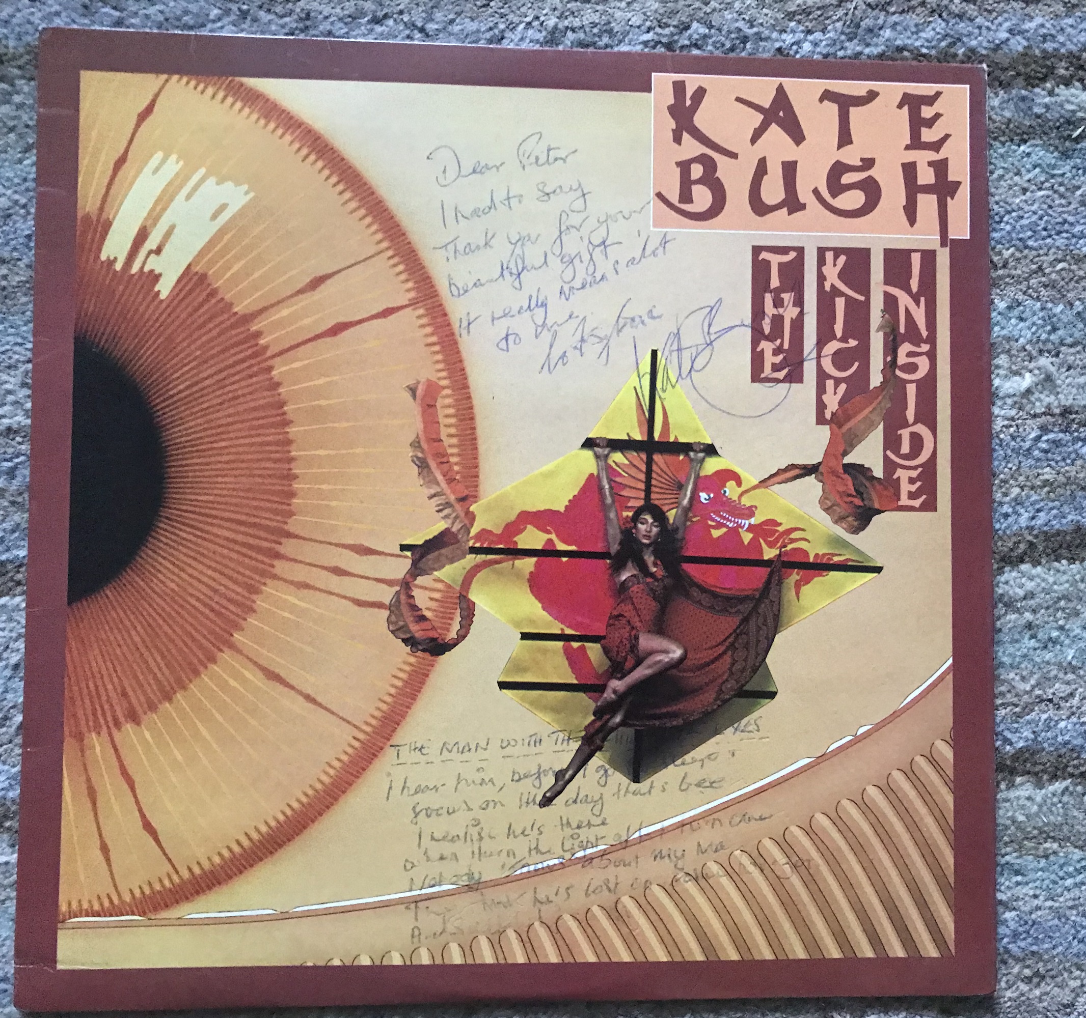 Kate Bush signed 33 rpm record sleeve for The Kick Inside with hand written rare lyrics